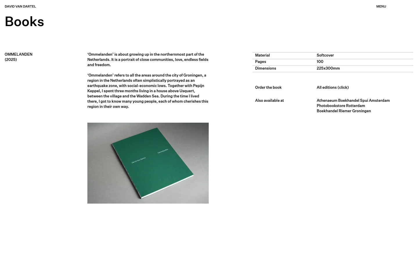 The desktop page features a minimalist white layout with the headline 'Books' in large black text. Below, the book 'Ommelanden (2025)' is presented with a description on the left and technical details like material and dimensions in a table on the right, accompanied by a large photo of a green softcover book.