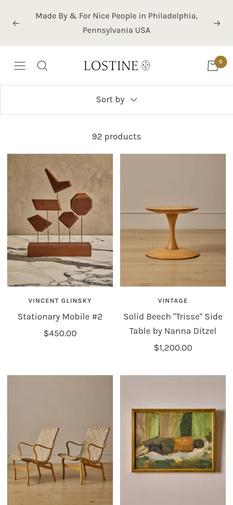 The mobile version presents a simplified single-column or two-column product grid to fit smaller screens. The top navigation is condensed into a hamburger menu and search icon, and the 'Sort by' function is moved to a prominent dropdown bar below the header to optimize vertical scrolling.