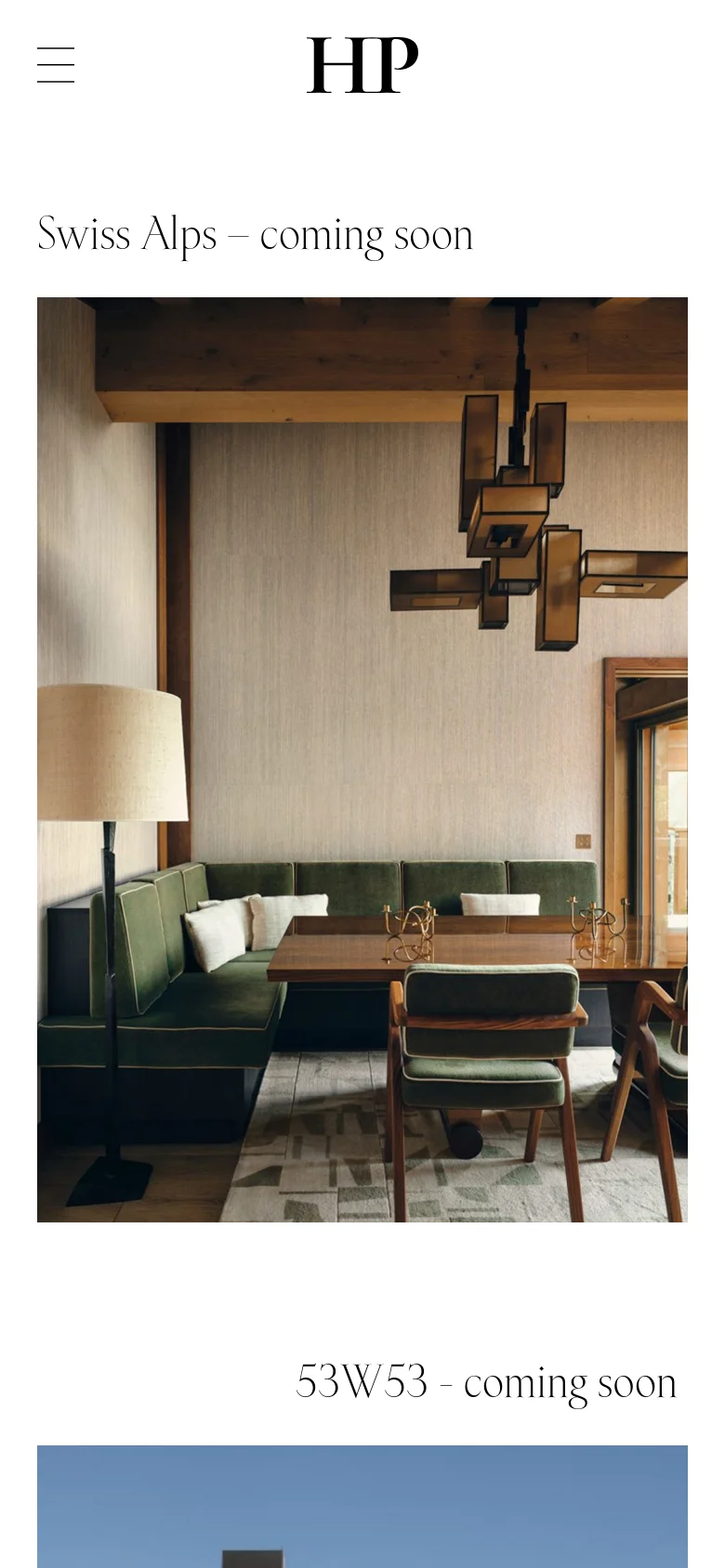 The mobile version simplifies the interface, replacing the top navigation with a large 'HP' logo and a three-line hamburger menu icon. The project gallery transitions from a multi-column grid to a single-column vertical scroll, featuring large, full-width images of interior design projects like 'Swiss Alps' and '53W53'.