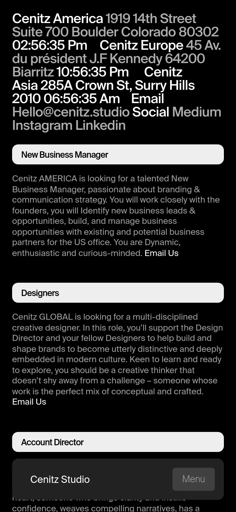The mobile version presents the same dark-themed content but in a single-column vertical stack for readability. The office locations, contact email, and social links appear at the top, followed by job descriptions and the investor section, each occupying the full width of the screen. A bottom navigation bar with 'Cenitz Studio' and a 'Menu' button is visible.
