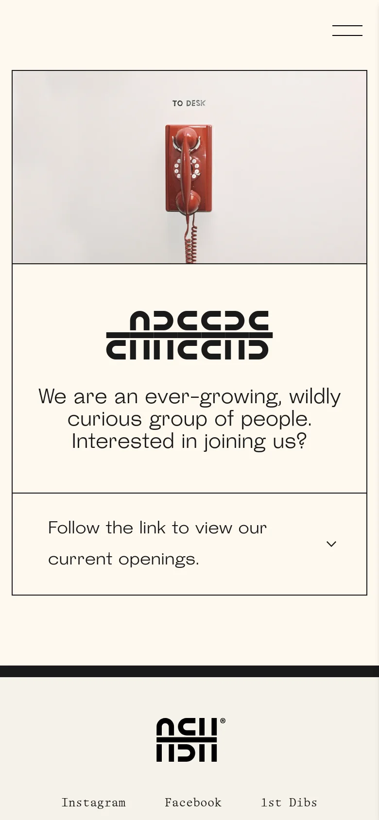 The mobile version maintains the minimalist aesthetic, showing the vintage red phone hero image at the top, followed by the stylized logo and recruitment headline. The layout is vertically stacked for a single-column view, focusing on the central text and the expandable job openings section.