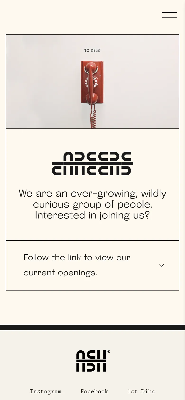 The mobile version maintains the minimalist aesthetic, showing the vintage red phone hero image at the top, followed by the stylized logo and recruitment headline. The layout is vertically stacked for a single-column view, focusing on the central text and the expandable job openings section.