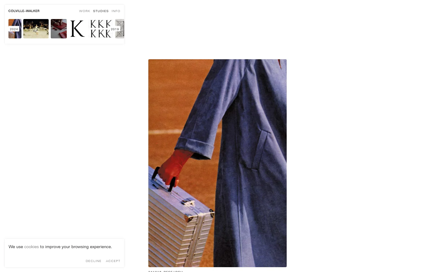 The desktop page features a minimalist design with a white background and a navigation menu at the top containing 'WORK', 'STUDIES', and 'INFO'. A large, vertical hero image shows a person in a blue coat holding a silver Rimowa suitcase against an orange background. Below the image, text identifies the piece as '241016 RESEARCH' and a 'Rimowa advert for the Duralumin Multi-Purpose case, 1975'.