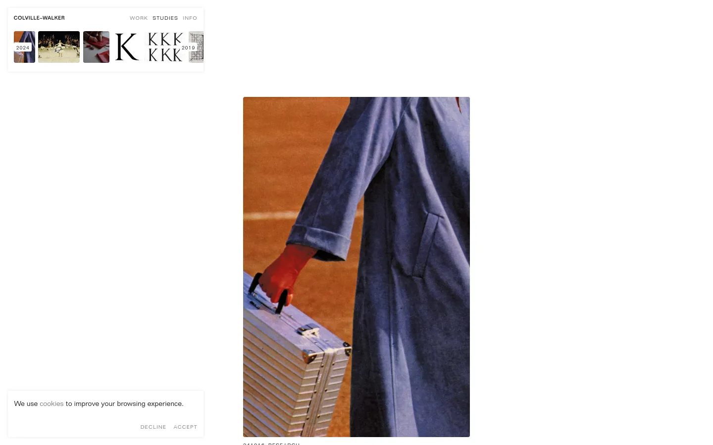 The desktop page features a minimalist design with a white background and a navigation menu at the top containing 'WORK', 'STUDIES', and 'INFO'. A large, vertical hero image shows a person in a blue coat holding a silver Rimowa suitcase against an orange background. Below the image, text identifies the piece as '241016 RESEARCH' and a 'Rimowa advert for the Duralumin Multi-Purpose case, 1975'.