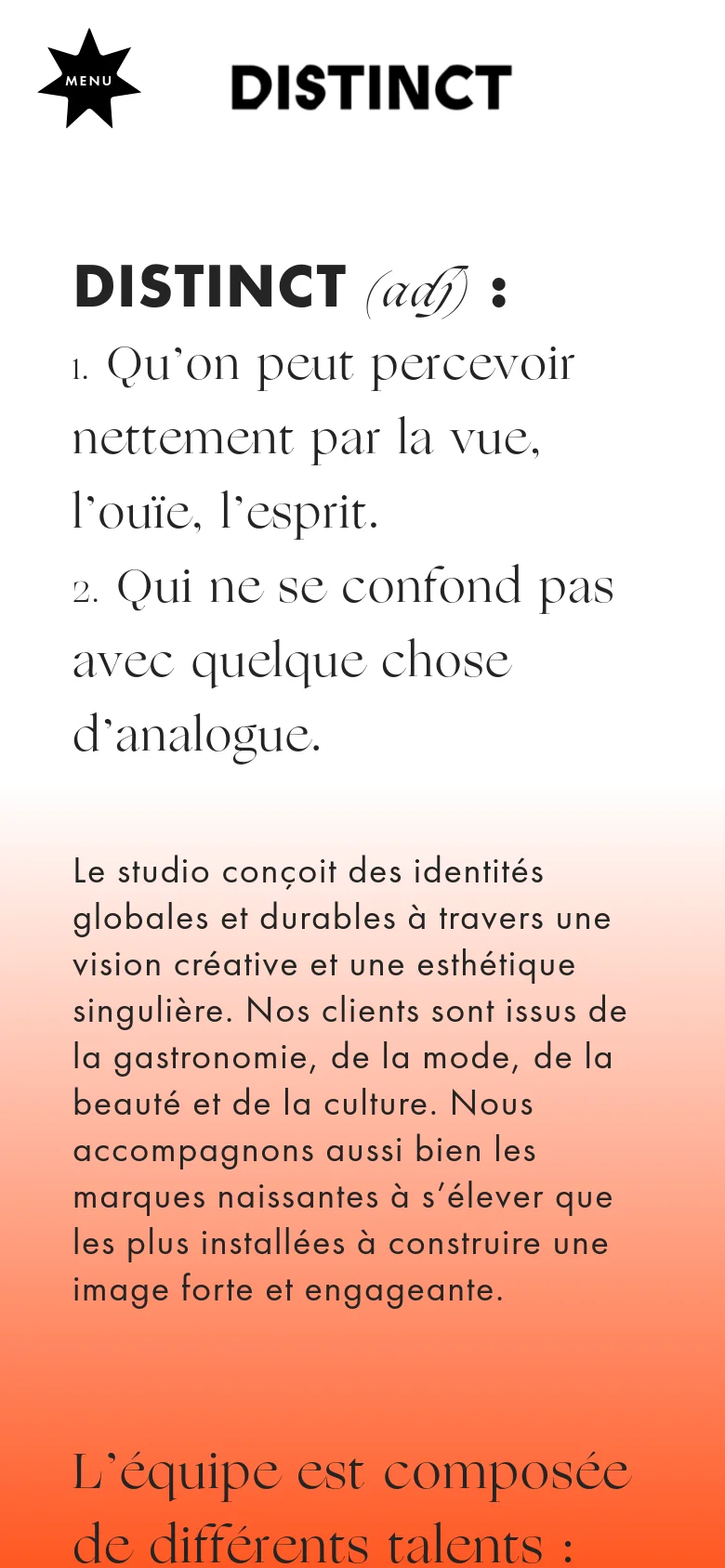 The mobile version simplifies the layout into a single vertical column on a light peach-to-orange gradient background. The header features a large 'DISTINCT' logo and a star icon representing the menu. The text is centered and scaled for readability, presenting the dictionary definition and studio description in a stacked format.