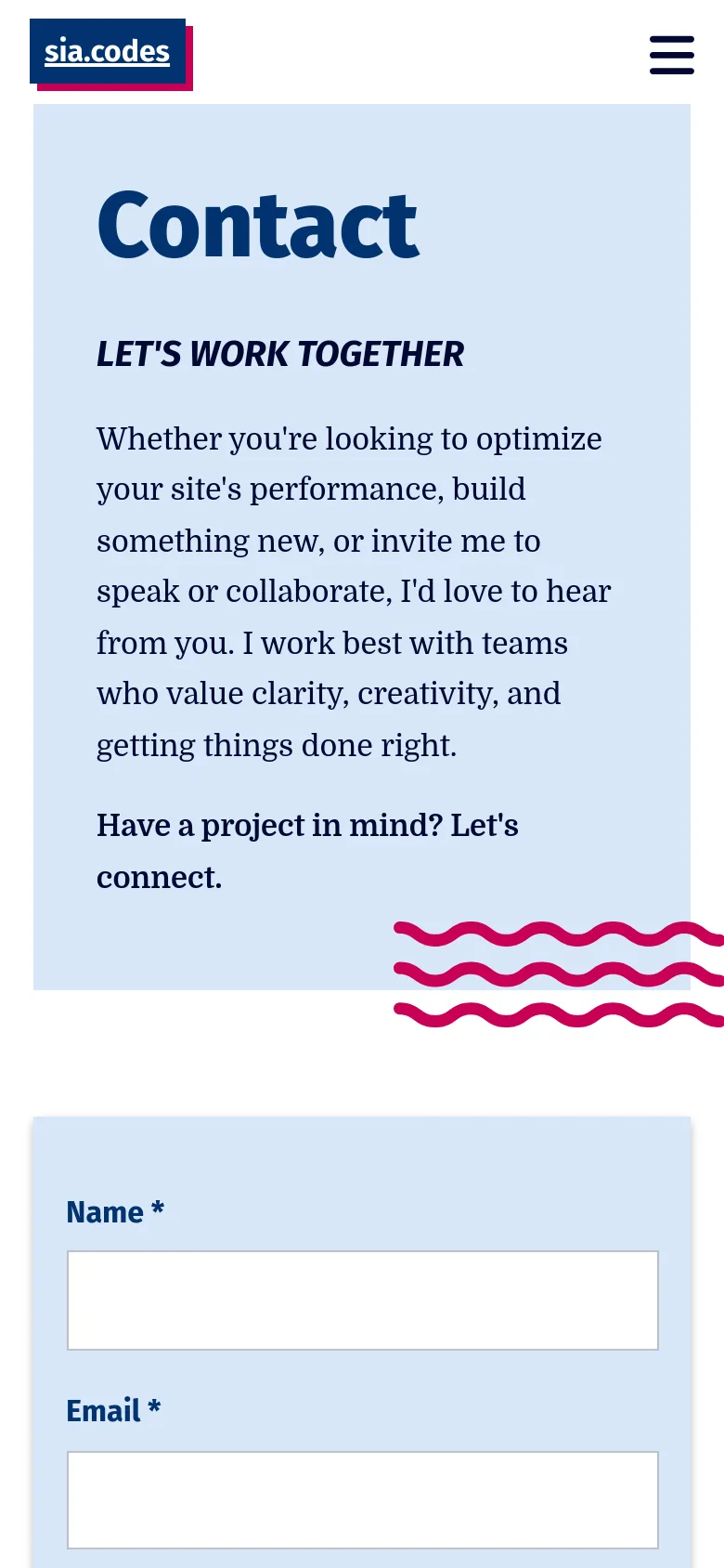 The mobile version shows a vertically stacked layout with the 'Contact' hero section at the top, featuring the same blue background and red wavy graphic. The navigation menu is condensed into a dark blue hamburger icon in the top right corner. The contact form fields for 'Name' and 'Email' are scaled to fit the narrower screen width.