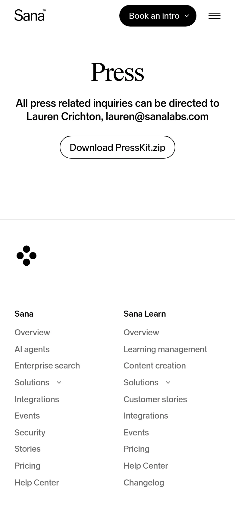 The mobile version maintains the minimalist white aesthetic but uses a condensed layout. The navigation is simplified into a hamburger menu next to the Sana logo and a 'Book an intro' button. The central content remains focused on the 'Press' headline, contact email, and the 'Download PressKit.zip' button, with the footer links stacked vertically for easier scrolling.