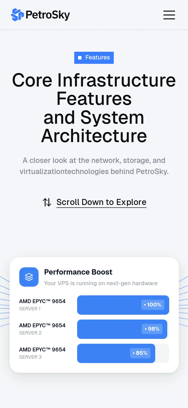 The mobile version presents a vertically stacked layout optimized for small screens. The hero headline is centered and large, followed by the 'Scroll Down to Explore' call to action. The performance boost section follows, with the blue progress bars and server labels scaled to fit the width of the mobile viewport.