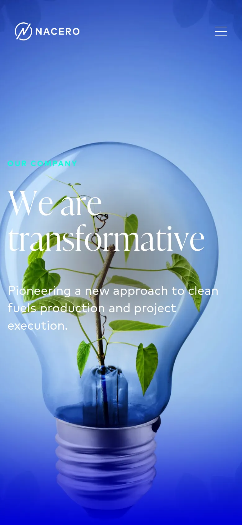 The mobile version displays the same blue gradient and lightbulb hero image, but the layout is vertically stacked. The navigation menu is condensed into a hamburger icon at the top right, and the text is centered and scaled for a smaller screen.