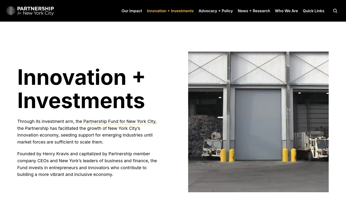 The desktop page features a large headline 'Innovation + Investments' on the left, with a hero image of a modern industrial warehouse loading dock on the right. A dark navigation bar at the top contains the Partnership for New York City logo and several text links including 'Our Impact' and 'Innovation + Investments'.