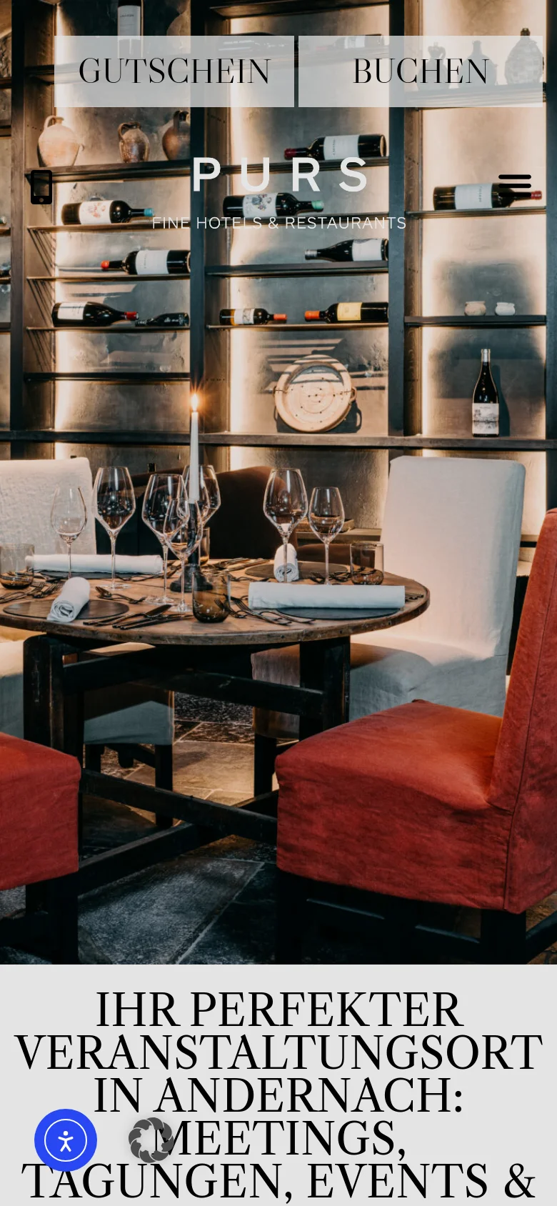 The mobile version presents a vertically oriented view of the hero image, focusing on the close-up of the dining table and wine glasses. The navigation menu is condensed, and the 'Gutschein' and 'Buchen' buttons are stacked or prominently placed near the top. The large headline is centered at the bottom of the screen against a light background, maintaining the high-contrast, luxury aesthetic.