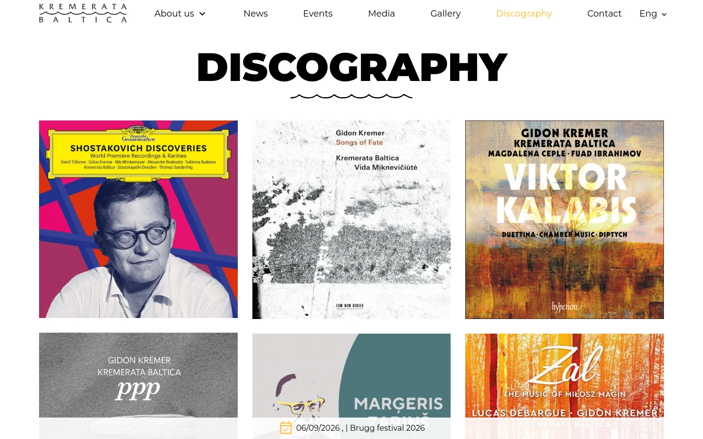 The Discography page features a large, bold heading over a wavy line. Below, a grid of album covers displays various musical works, each accompanied by the title, year, and record label. The layout is clean with a white background and a top navigation menu.