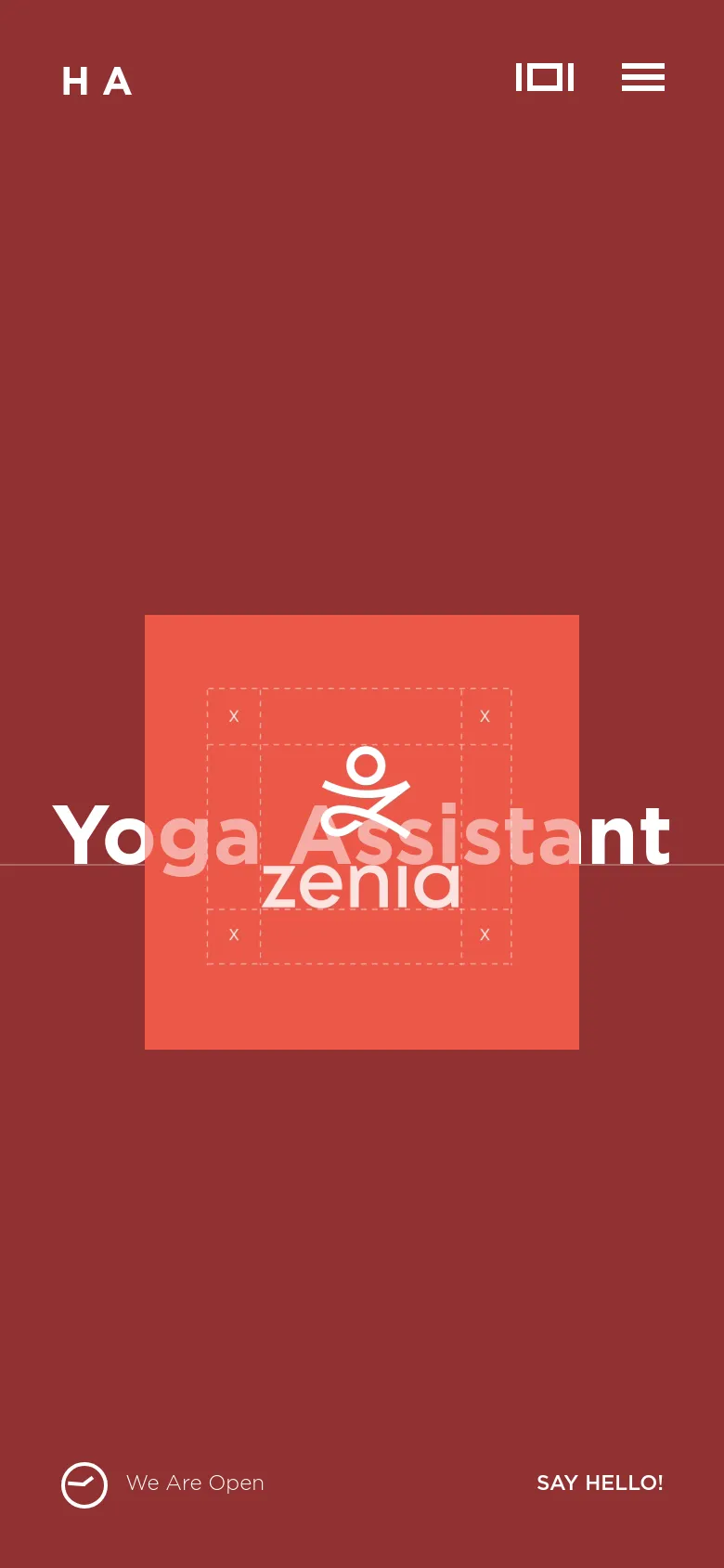 The mobile version maintains the deep red theme and centered coral rectangle, but the layout is vertically stacked. The large white text 'Yoga Assistant' is centered over the coral box, and the navigation menu icon is more prominent at the top. The footer elements 'We Are Open' and 'SAY HELLO!' are positioned at the bottom corners of the screen.