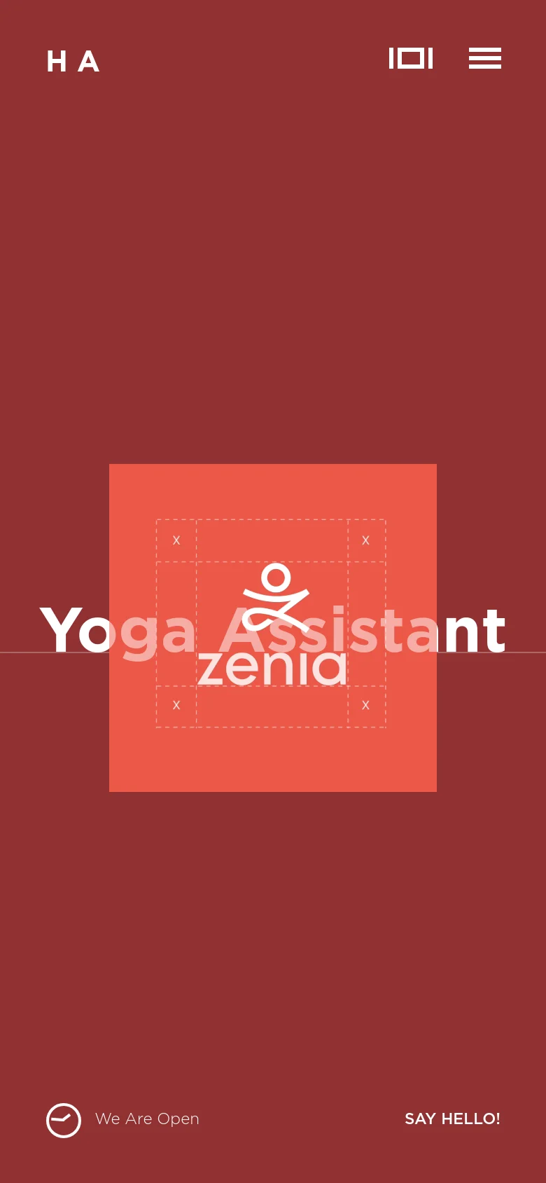 The mobile version maintains the deep red theme and centered coral rectangle, but the layout is vertically stacked. The large white text 'Yoga Assistant' is centered over the coral box, and the navigation menu icon is more prominent at the top. The footer elements 'We Are Open' and 'SAY HELLO!' are positioned at the bottom corners of the screen.