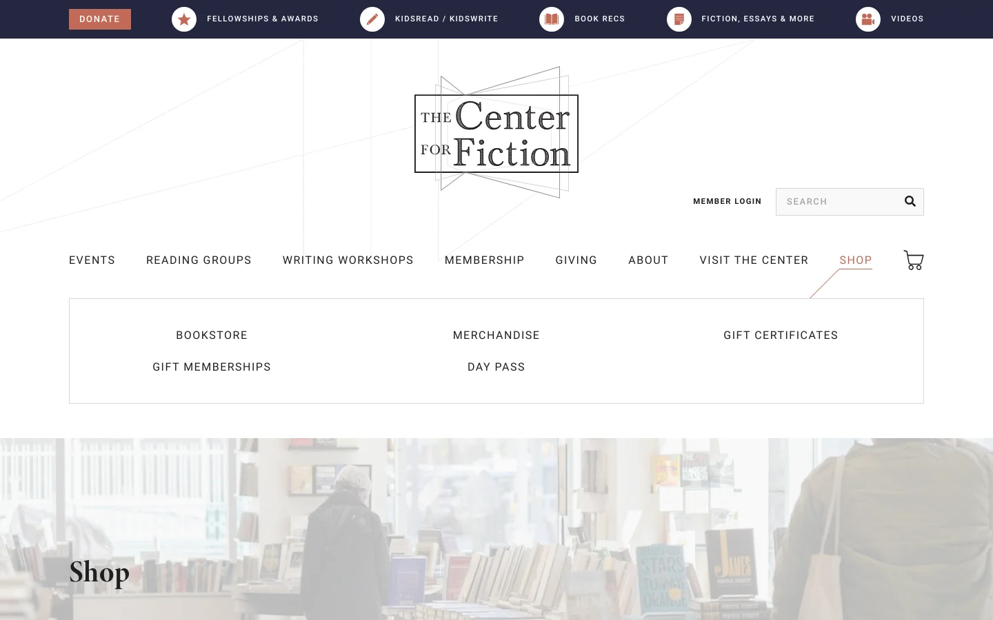 The desktop Shop page features a large hero image of a bookstore interior with the headline 'Shop' overlaid. Below, a text introduction is followed by a grid of navigation options including Bookstore, Merchandise, Gift Certificates, Gift Memberships, and Day Pass. The layout is clean with a white background, dark serif typography, and a top navigation bar containing links like Events, Membership, and Shop.