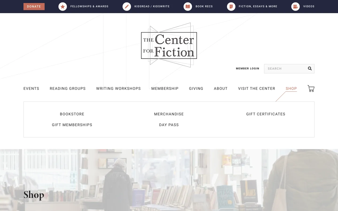 The desktop Shop page features a large hero image of a bookstore interior with the headline 'Shop' overlaid. Below, a text introduction is followed by a grid of navigation options including Bookstore, Merchandise, Gift Certificates, Gift Memberships, and Day Pass. The layout is clean with a white background, dark serif typography, and a top navigation bar containing links like Events, Membership, and Shop.