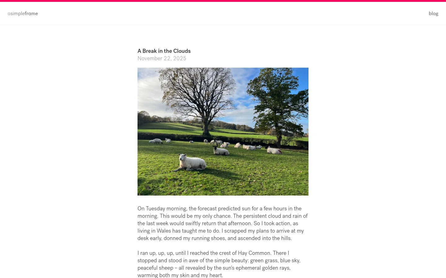 The desktop blog page features a minimalist white layout with a top navigation bar containing 'asimpleframe' and 'blog' in grey text. The main content displays the article title 'A Break in the Clouds', the date, a large hero image of sheep grazing in a sunny green field under trees, and the article text below.