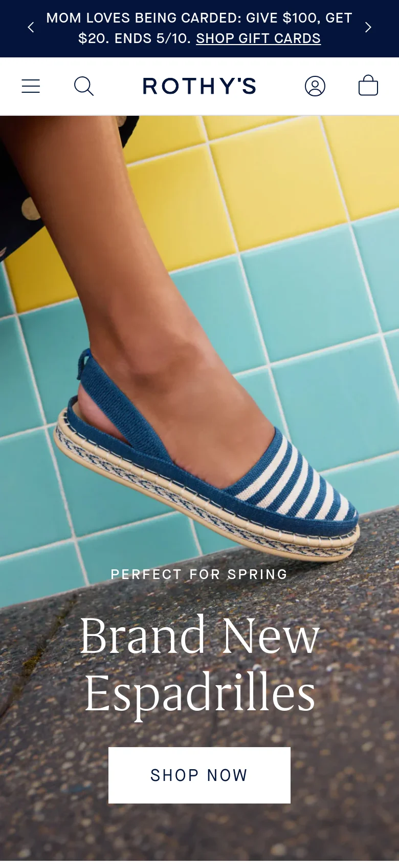 The mobile version presents a vertically stacked layout, starting with a promotional banner at the top, followed by a large hero image of a striped espadrille with centered text and a 'SHOP NOW' call to action. The navigation and product grids are condensed into a single-column view for easier scrolling on smaller screens.