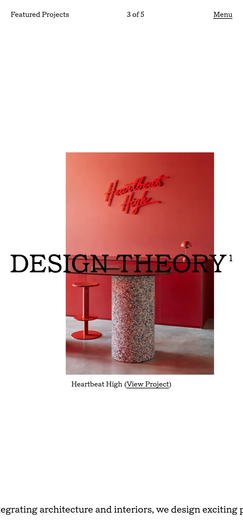 Design Theory mobile homepage with a vertically stacked layout. The design features large serif headings, a centered hero image of a red interior space, and a simplified navigation menu for a streamlined architectural portfolio experience.