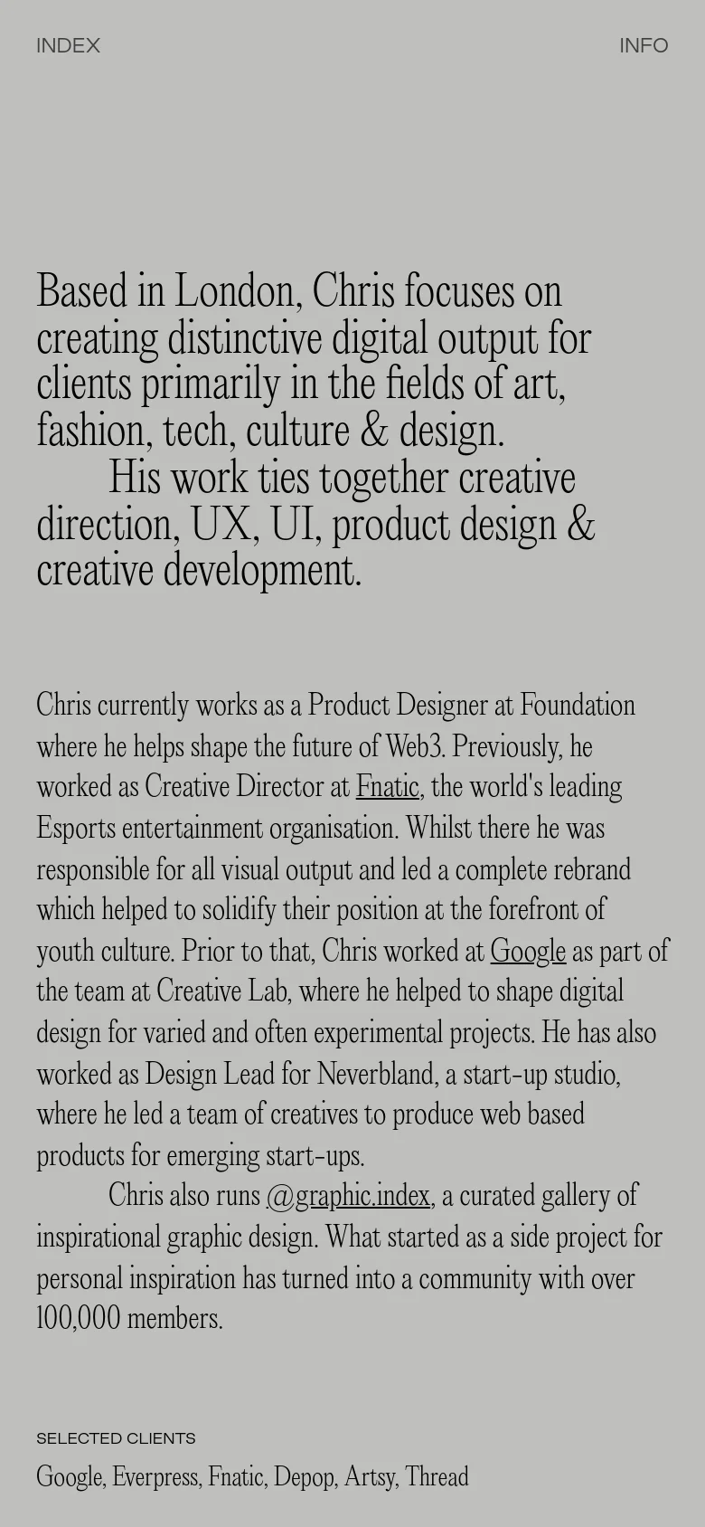 The mobile version uses a single-column vertical layout on a light gray background. The large serif introductory text appears at the top, followed by the biographical paragraphs and the client list, with the photographic image removed from the immediate view to prioritize text readability.