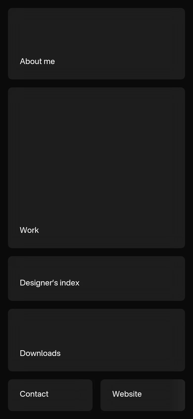 The mobile version simplifies the navigation into a vertical stack of large, dark gray rectangular buttons. Each button contains white text for sections like About me, Work, Designer's index, Downloads, Contact, and Website, optimized for easy tapping on a small screen.