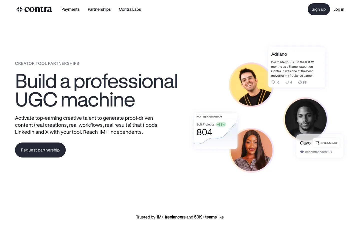 The desktop page features a clean, minimalist layout with a white background and dark text. A large headline reads 'Build a professional UGC machine' next to a dark 'Request partnership' button, while floating testimonial cards with portraits and stats surround the hero section. A navigation bar at the top includes the Contra logo, links for Payments, Partnerships, and Contra Labs, and buttons for Sign up and Log in.