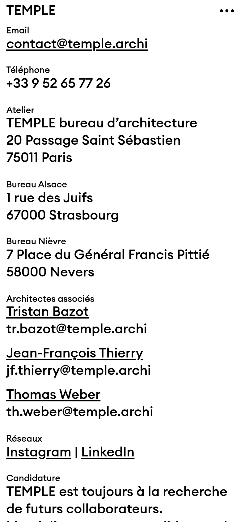 The mobile version maintains the minimalist black-on-white aesthetic but uses a single-column vertical layout for easier scrolling. The navigation is condensed, and the contact information, including office locations and associate architects, is stacked vertically to fit the narrow screen width.