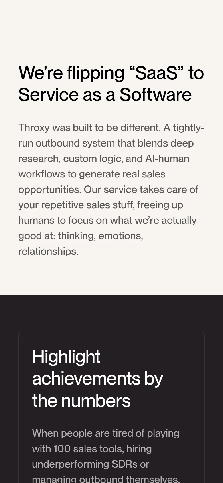 Throxy About Us mobile layout with a single-column stacked design. The hero text is centered and reflowed, followed by vertically arranged achievement statistics and team member profiles on a clean white background.
