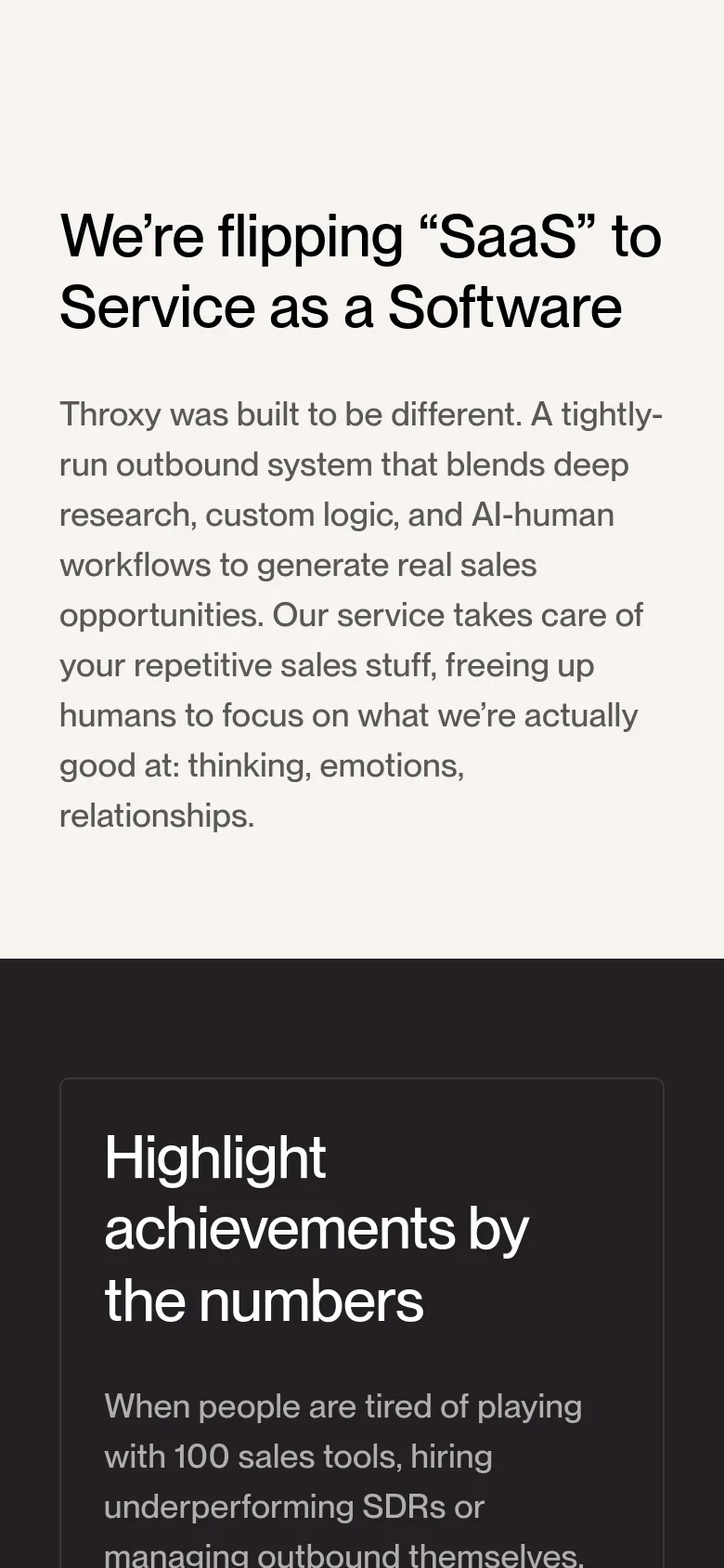Throxy About Us mobile layout with a single-column stacked design. The hero text is centered and reflowed, followed by vertically arranged achievement statistics and team member profiles on a clean white background.
