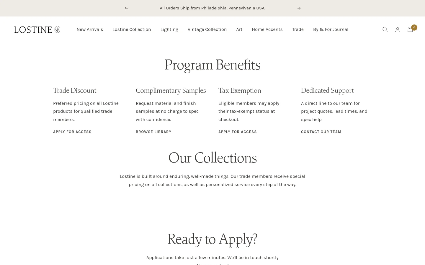 The desktop page features a minimalist white layout with a top navigation bar and a centered 'Program Benefits' section. Four benefit columns—Trade Discount, Complimentary Samples, Tax Exemption, and Dedicated Support—are arranged horizontally with text and call-to-action links. Below, a centered 'Our Collections' heading introduces a description of the brand's service to trade members.
