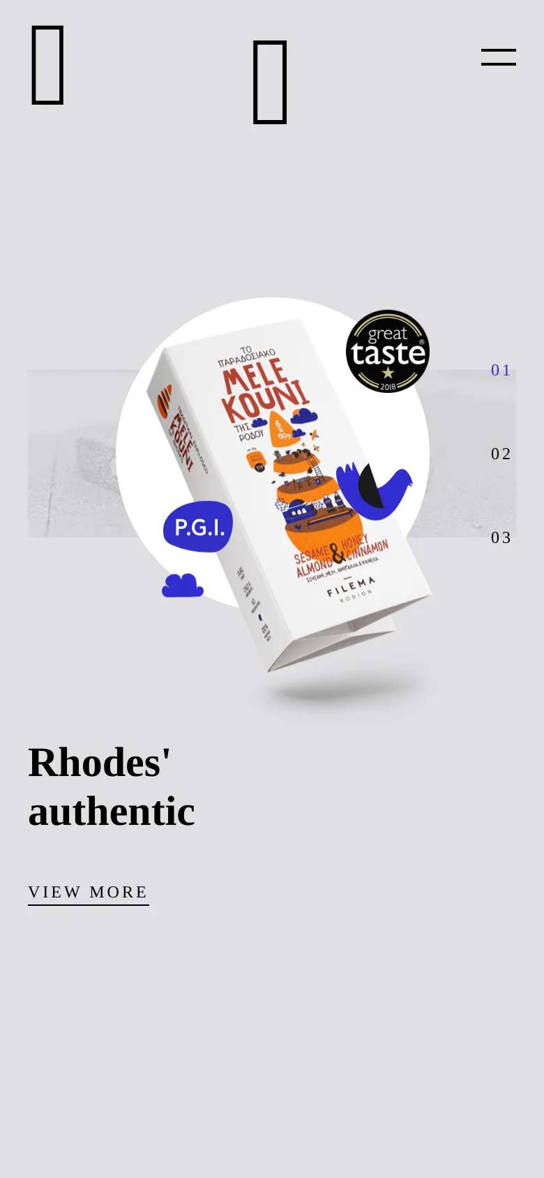 The mobile version presents a vertically stacked layout with the product box prominently centered at the top. The headline 'Rhodes' authentic' and the 'VIEW MORE' link are positioned below the product imagery. The design maintains the light gray color scheme and minimalist aesthetic but simplifies the navigation into a hamburger menu icon.