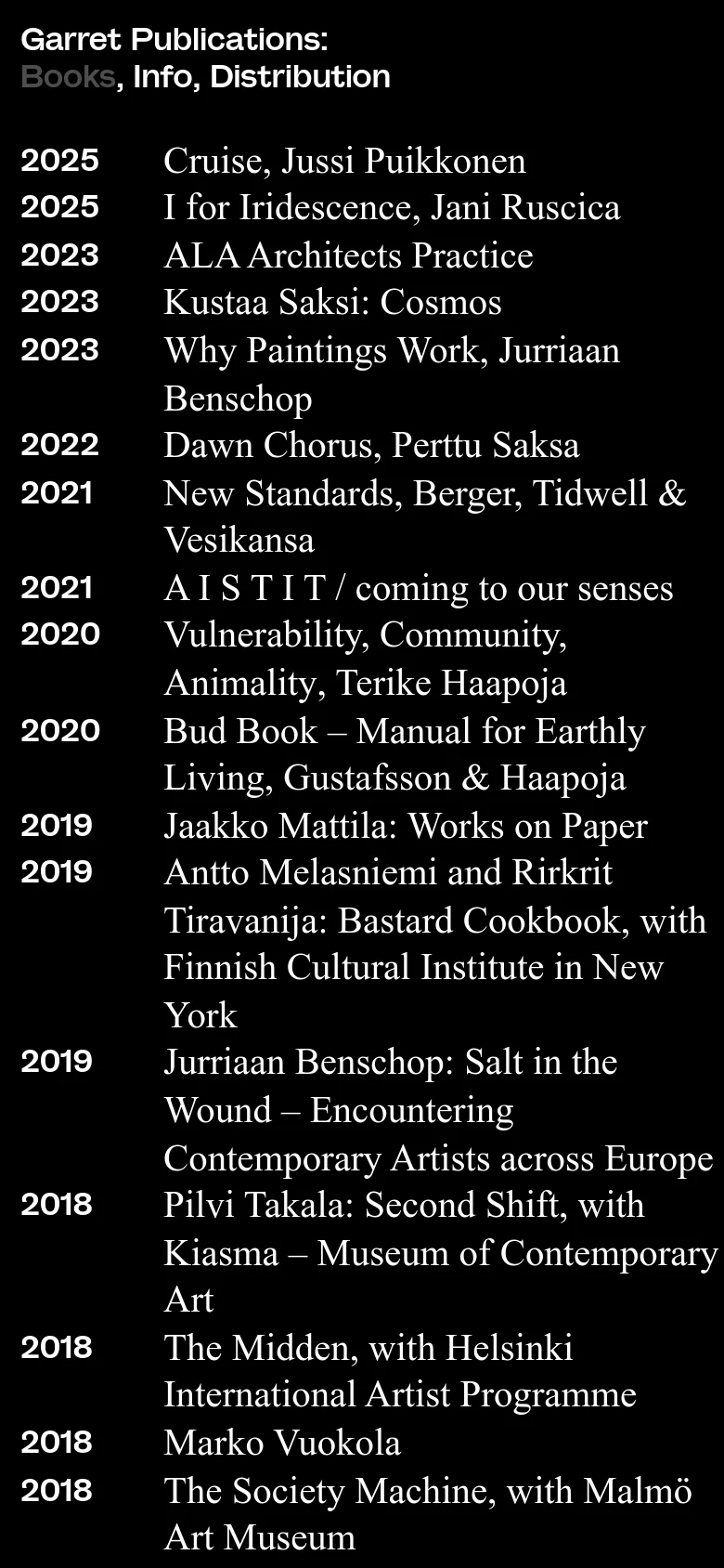 The mobile version maintains the minimalist black and white aesthetic but uses a stacked layout for the navigation links at the top. The list of publications remains organized chronologically, with text scaled for vertical scrolling on a smaller screen.