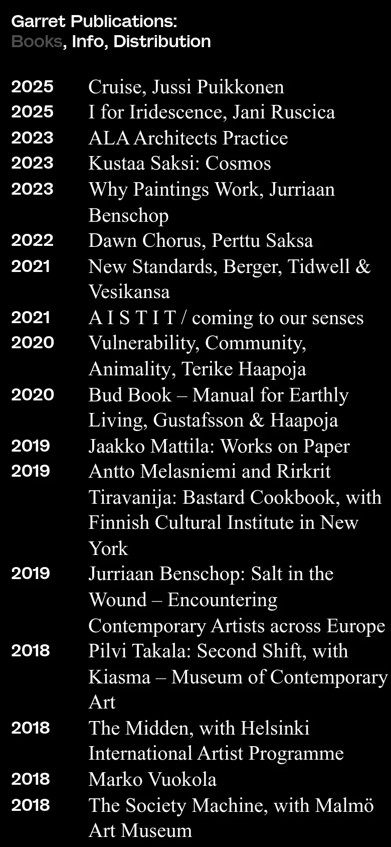 The mobile version maintains the minimalist black and white aesthetic but uses a stacked layout for the navigation links at the top. The list of publications remains organized chronologically, with text scaled for vertical scrolling on a smaller screen.