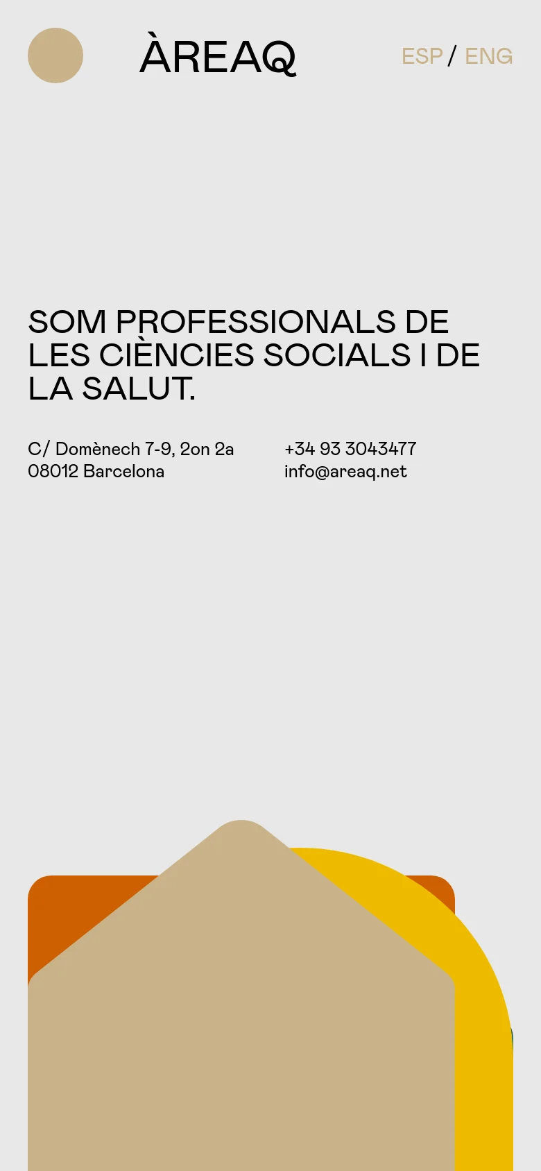 The mobile version maintains the minimalist aesthetic and light gray background but uses a simplified header with the logo and language options (ESP / ENG) aligned horizontally. The large headline is centered, and the contact details are stacked below it, while the colorful abstract geometric shapes are repositioned at the bottom of the screen.