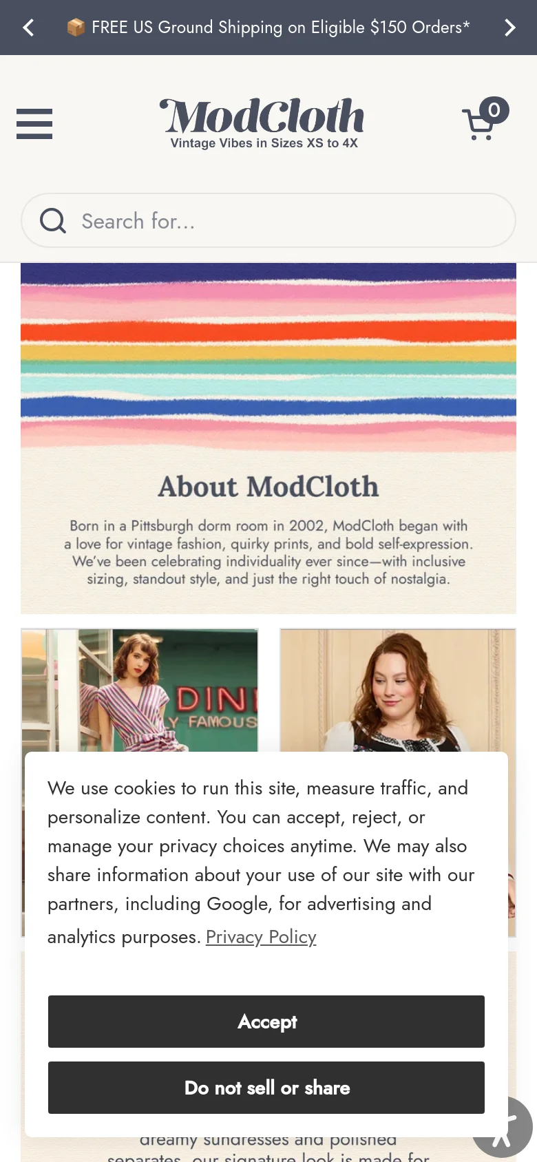 The mobile version presents a vertically stacked layout, starting with the colorful rainbow stripe header and the 'About ModCloth' headline. The introductory text is centered, followed by images and text blocks that scale to fit the narrow screen. A search bar and hamburger menu are prominent at the top, and a cookie consent banner overlays the bottom of the view.