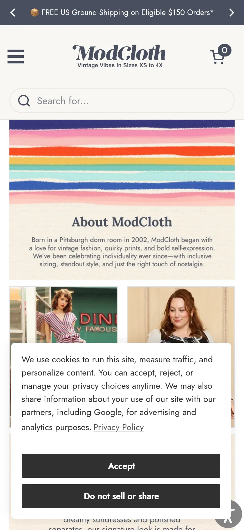 The mobile version presents a vertically stacked layout, starting with the colorful rainbow stripe header and the 'About ModCloth' headline. The introductory text is centered, followed by images and text blocks that scale to fit the narrow screen. A search bar and hamburger menu are prominent at the top, and a cookie consent banner overlays the bottom of the view.