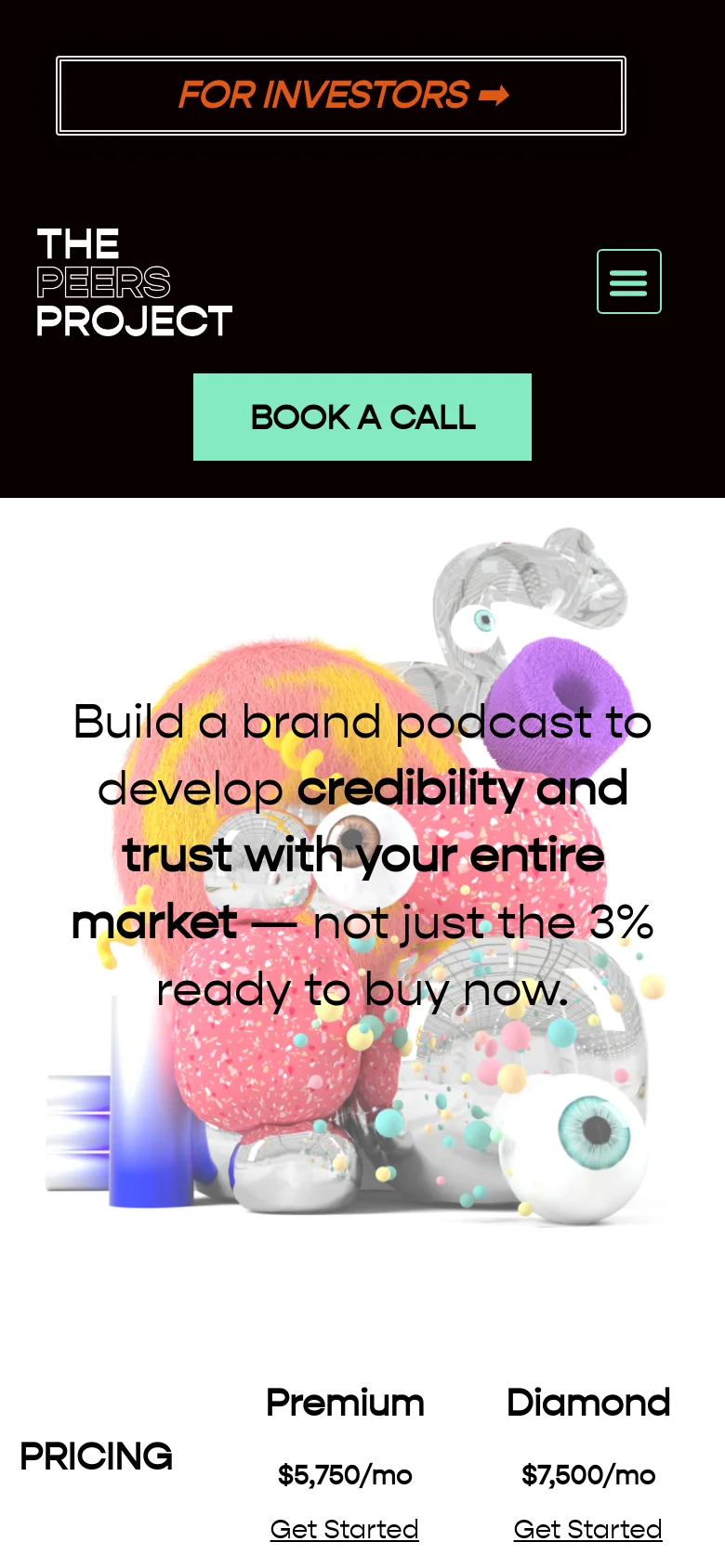The mobile version shows a simplified black header with a hamburger menu icon and the company logo. The hero section retains the large surreal 3D graphic and headline, but the layout shifts to a vertical stack, displaying the 'PRICING' heading followed by individual service tiers like 'Premium' and 'Diamond' with their respective prices and 'Get Started' links.