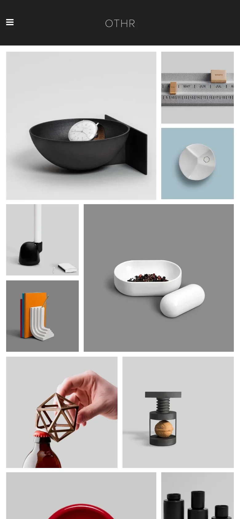 The mobile version simplifies the layout with a black header featuring a hamburger menu icon and the 'OTHR' logo. The product grid shifts to a single-column vertical scroll, displaying large product images followed by their titles and prices, such as the Connection Bowl Steel and Perpetuum Calendar.