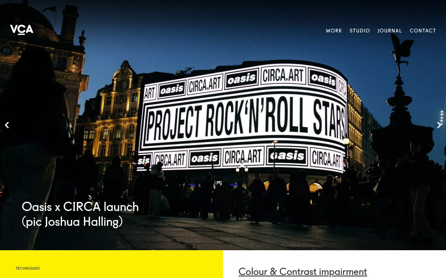 The desktop homepage features a dark, cinematic hero image of a large illuminated billboard in a city at night, with the headline 'Oasis x CIRCA launch'. A minimalist navigation menu is at the top right, and a bright yellow section below contains text about 'Accessible Graphic Design'.