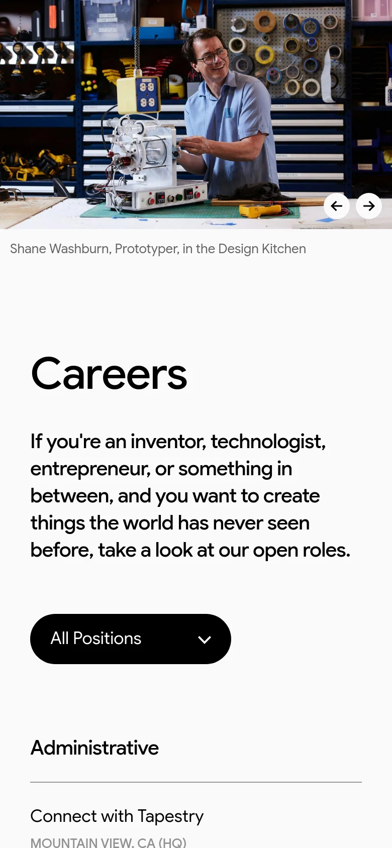 The mobile version displays a vertically stacked layout with the hero image of the Prototyper at the top, followed by the 'Careers' heading and introductory text. The job filter dropdown and the 'Administrative' job category are scaled to fit the narrower screen width.