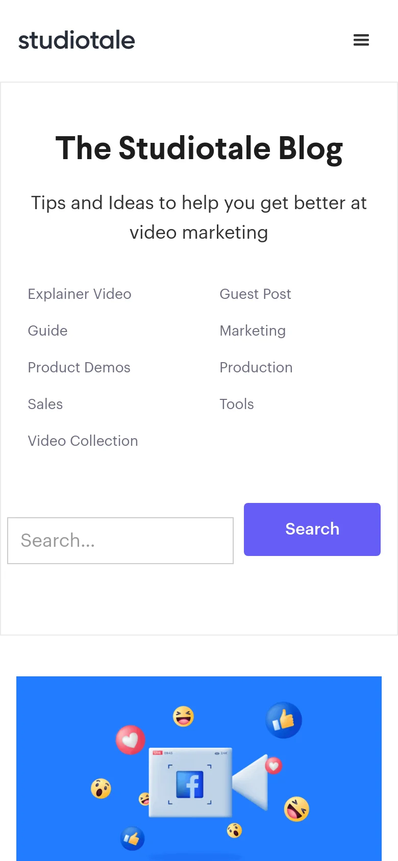 The mobile version of the blog page simplifies the layout, stacking the category links into two columns for easier navigation. The search bar and purple button remain prominent, while the blog post grid transitions to a single-column vertical scroll, showing one large featured image and title at a time.