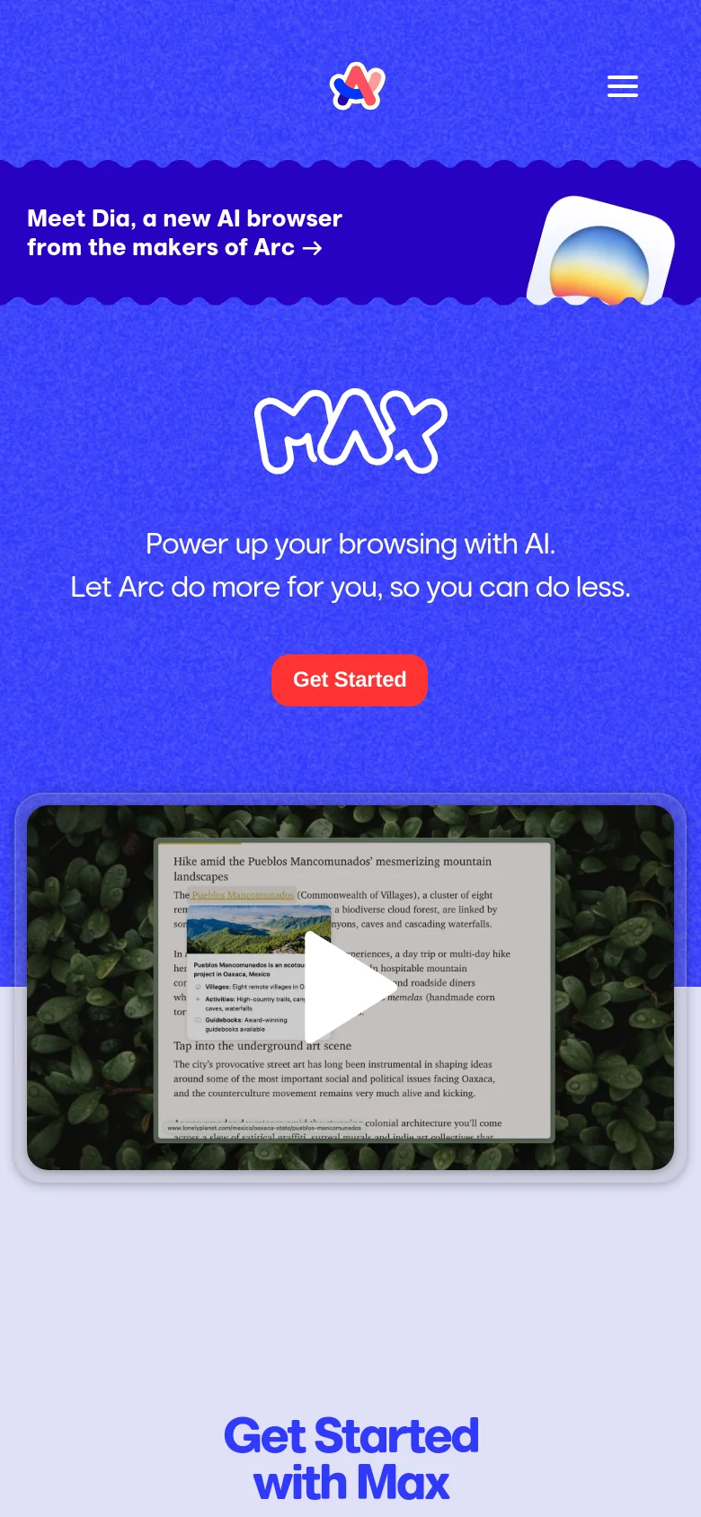 The mobile version simplifies the layout, centering the 'MAX' logo and headline on a blue gradient background. The two desktop download buttons are replaced by a single, prominent red 'Get Started' button, and the navigation menu is collapsed into a hamburger icon at the top right.