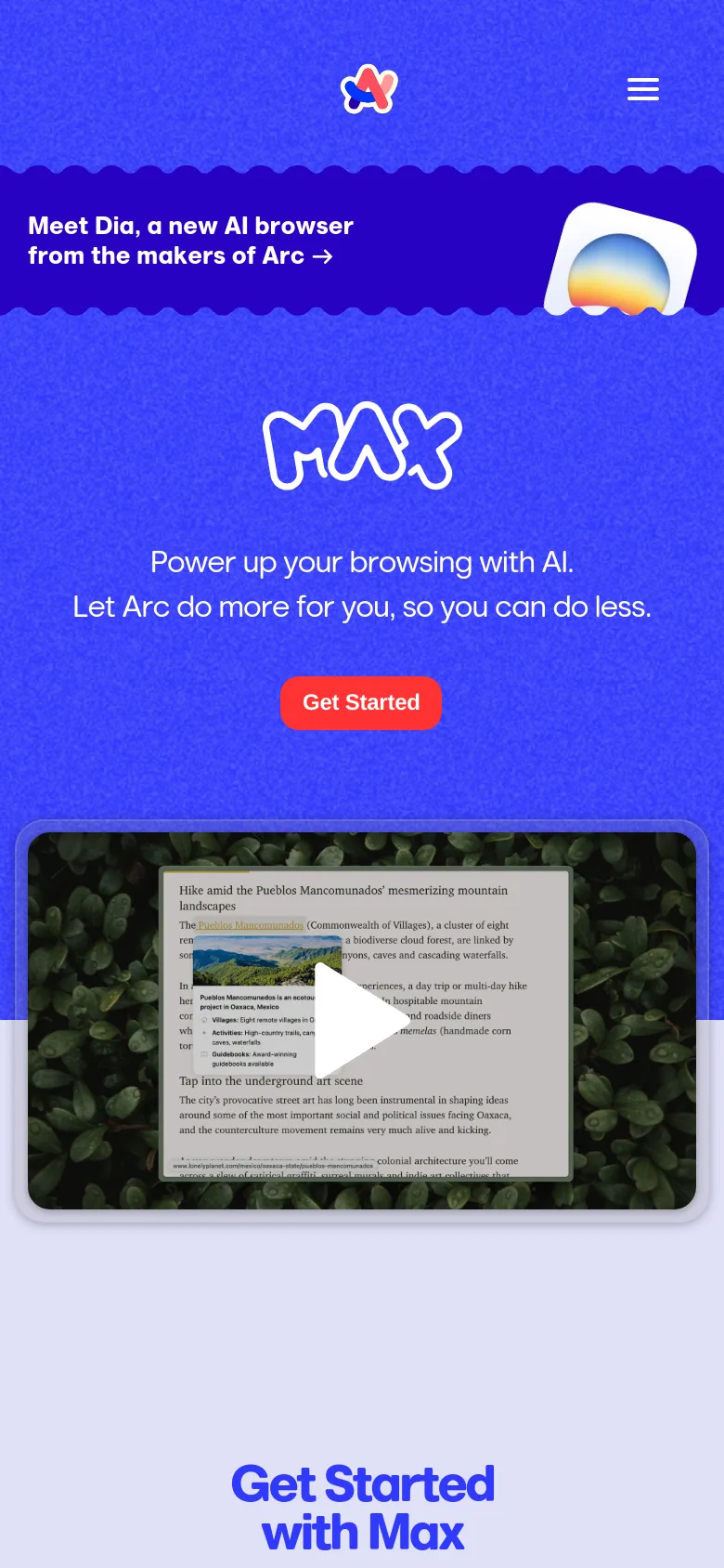 The mobile version simplifies the layout, centering the 'MAX' logo and headline on a blue gradient background. The two desktop download buttons are replaced by a single, prominent red 'Get Started' button, and the navigation menu is collapsed into a hamburger icon at the top right.