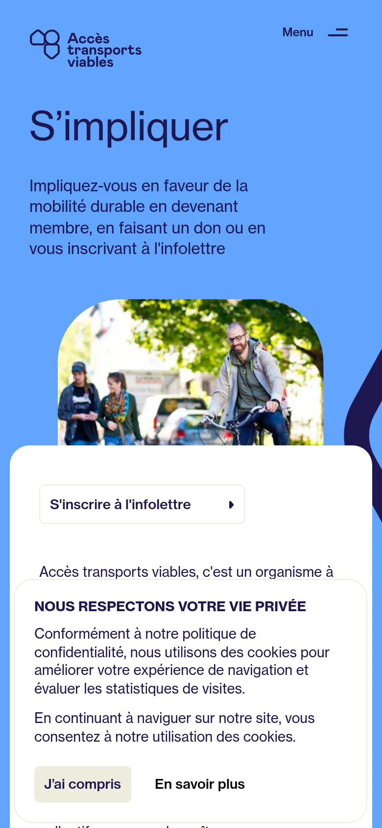 The mobile version simplifies the layout with a centered logo and headline against a blue background. The hero image is cropped into a circular shape, and the navigation links are moved below the main text area. The cookie consent banner appears as a large white overlay covering the bottom half of the screen.
