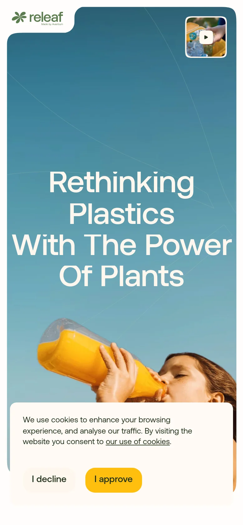 The mobile version presents a vertically stacked layout with the same blue gradient background and large white headline. The image of the person drinking juice is positioned below the text, and the cookie consent banner occupies a prominent white card at the bottom of the screen with 'I decline' and 'I approve' buttons.
