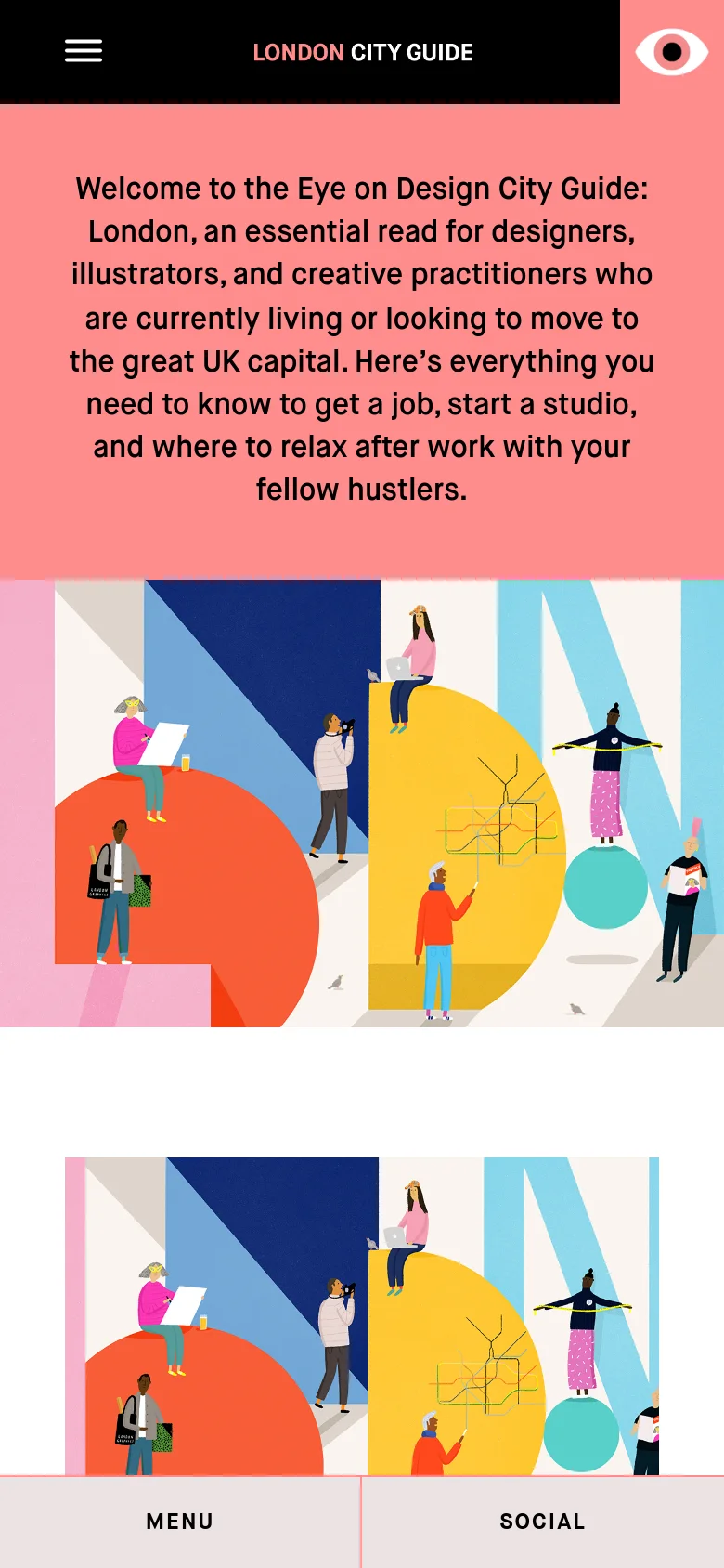 The mobile version presents a vertically stacked layout with the salmon-pink welcome text at the top, followed by the colorful geometric illustration. The navigation is simplified with a hamburger menu icon in a black bar at the top, and large 'MENU' and 'SOCIAL' buttons are pinned to the bottom of the screen.