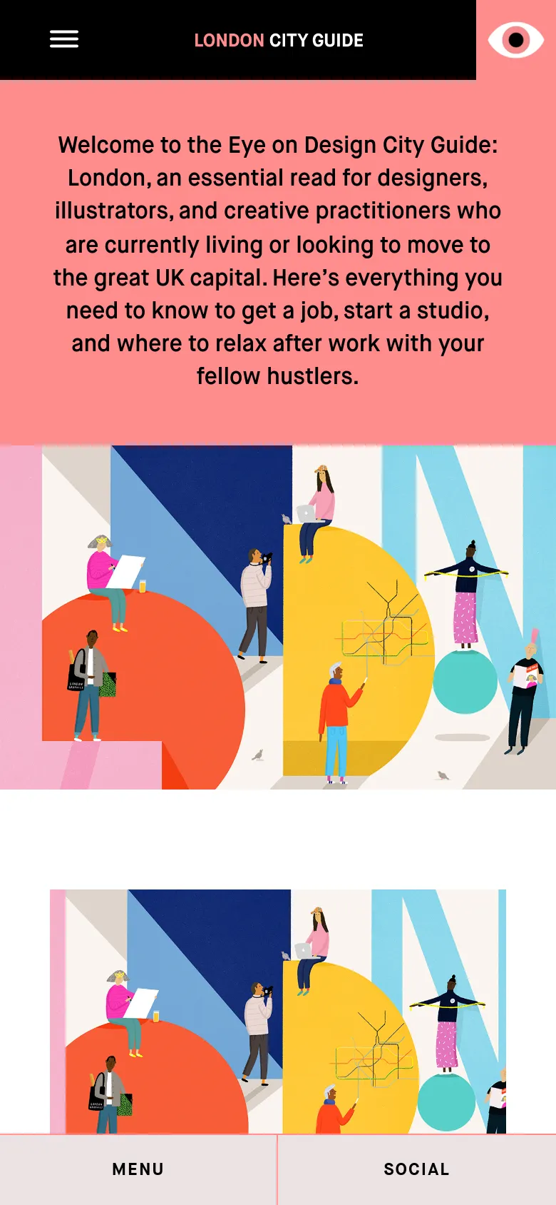 The mobile version presents a vertically stacked layout with the salmon-pink welcome text at the top, followed by the colorful geometric illustration. The navigation is simplified with a hamburger menu icon in a black bar at the top, and large 'MENU' and 'SOCIAL' buttons are pinned to the bottom of the screen.