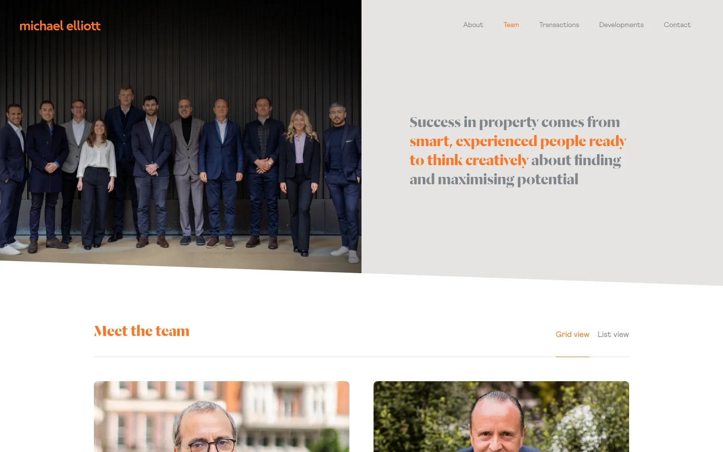 The desktop page features a large hero section with a group photo of the professional team against a dark textured wall on the left and a headline on a light grey background on the right. Below, the 'Meet the team' section includes a toggle for Grid or List view and displays team member profiles. The color palette is professional, using white, light grey, and orange accents for emphasis.