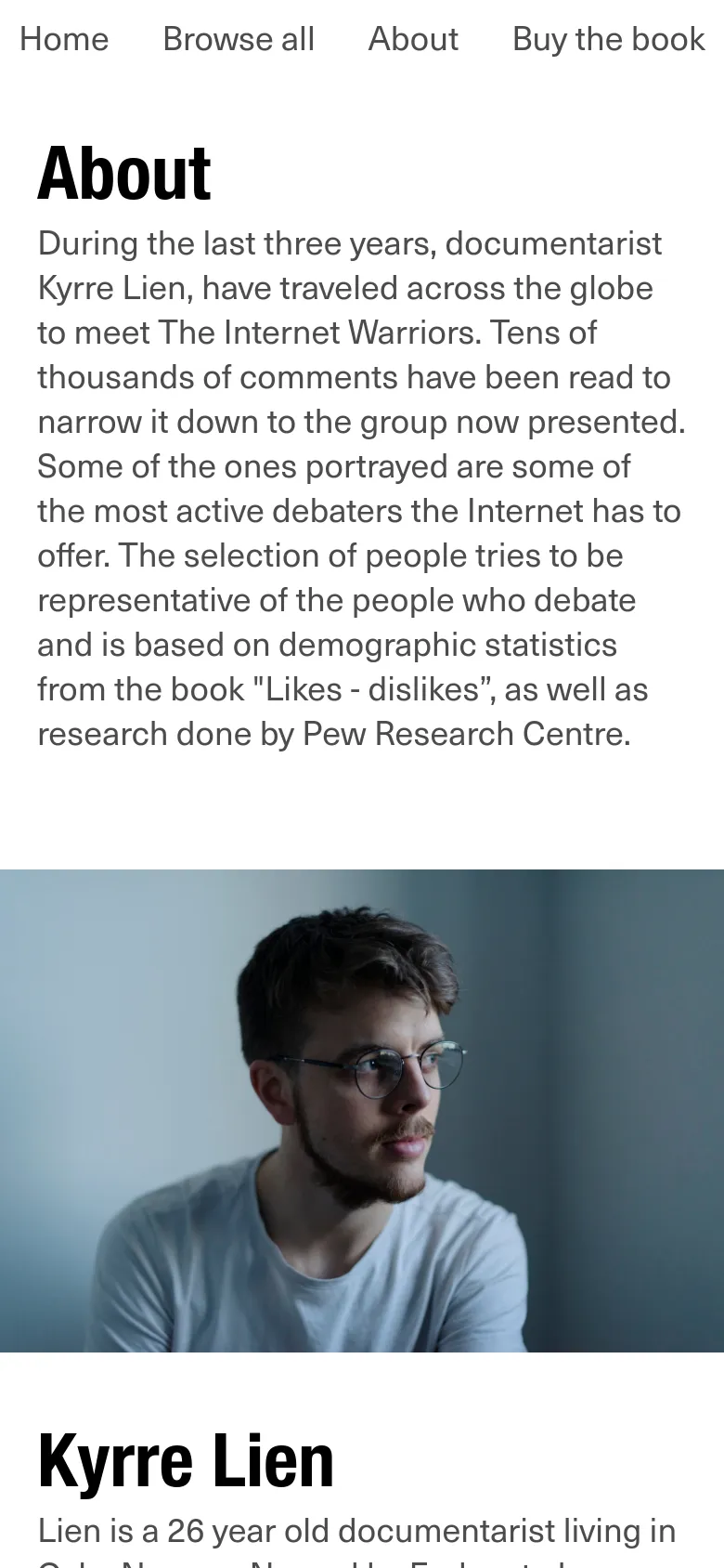 The mobile version uses a single-column vertical layout with the navigation links stacked at the top. The text is large and easy to read, with the portrait of Kyrre Lien and the book cover image appearing sequentially between text blocks.