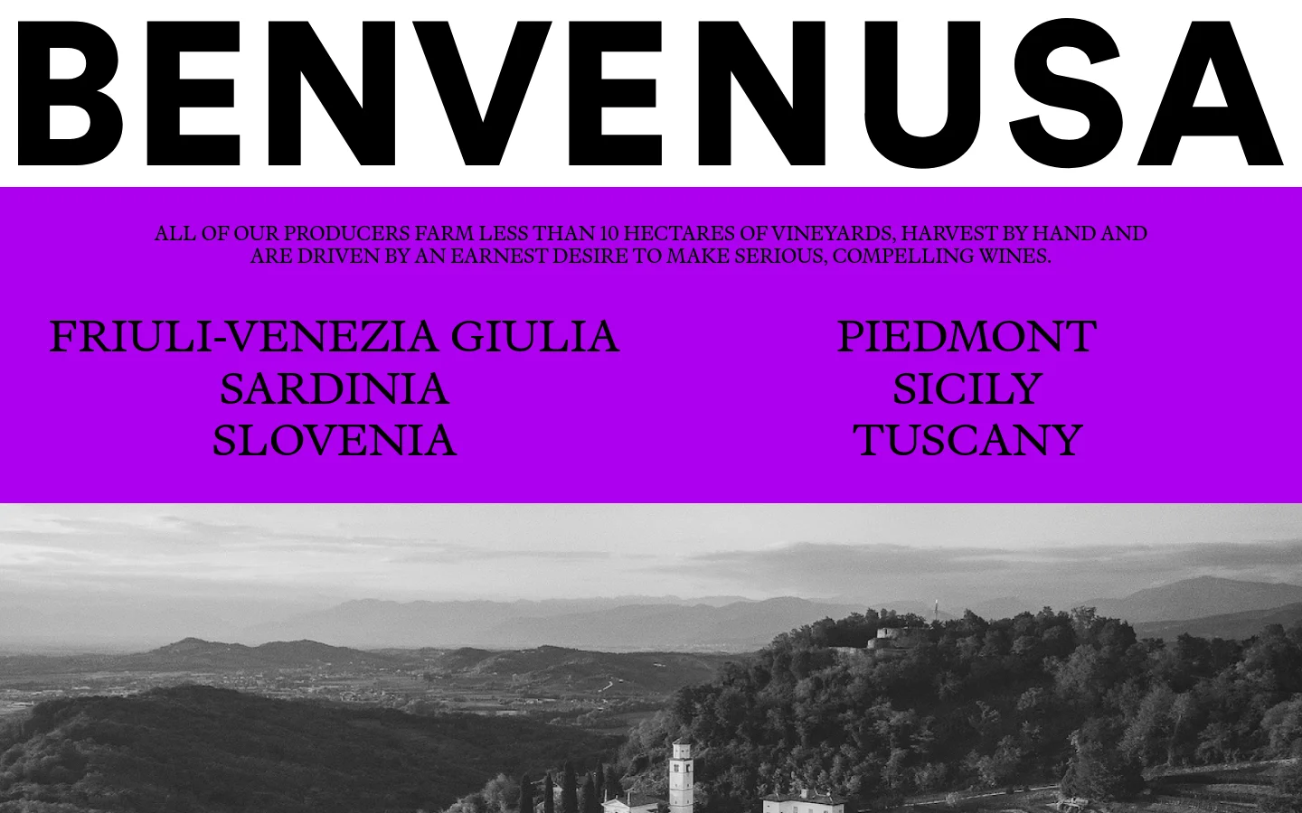 The desktop page features a large black 'BENVENUSA' logo over a bright purple header containing a mission statement and a list of wine regions. Below the header is a wide, black-and-white landscape photograph of rolling hills and vineyards with a historic building. The layout is clean with high-contrast typography.